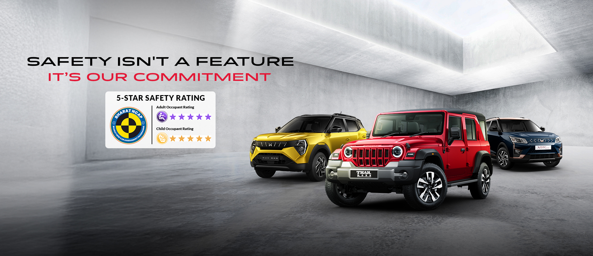 Thar ROXX, XUV 3XO, and XUV400 Earn 5-Star Bharat-NCAP Rating